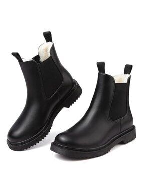 Waterproof Fur Lined Chelsea Ankle Boots Slip-On Chunky Heel